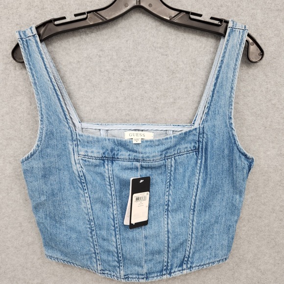 Guess Tops - Guess Neil Denim Bustier Square Neck Cropped Denim Top Womens Size M NWT